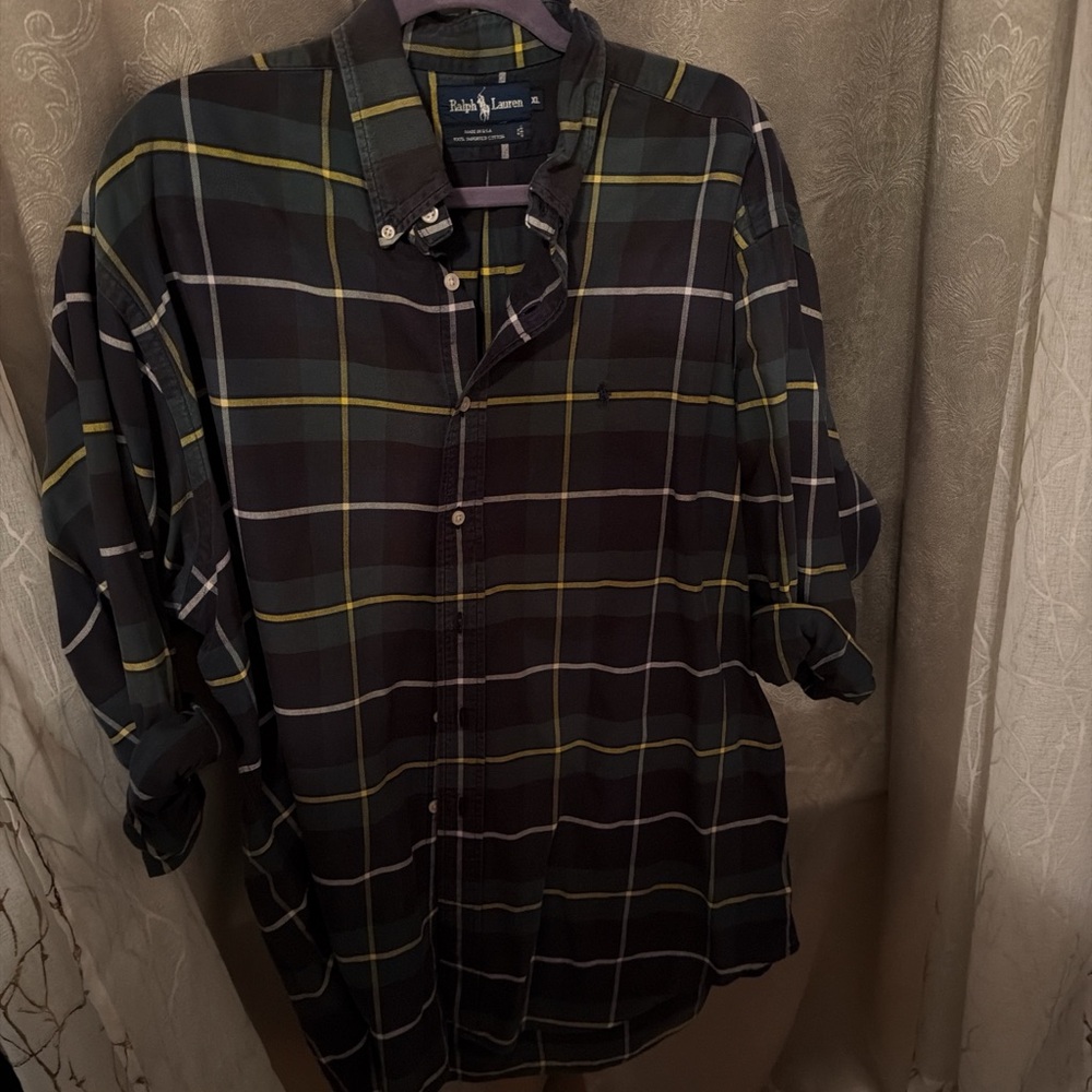 Ralph Lauren Men's Navy and Green Plaid Shirt